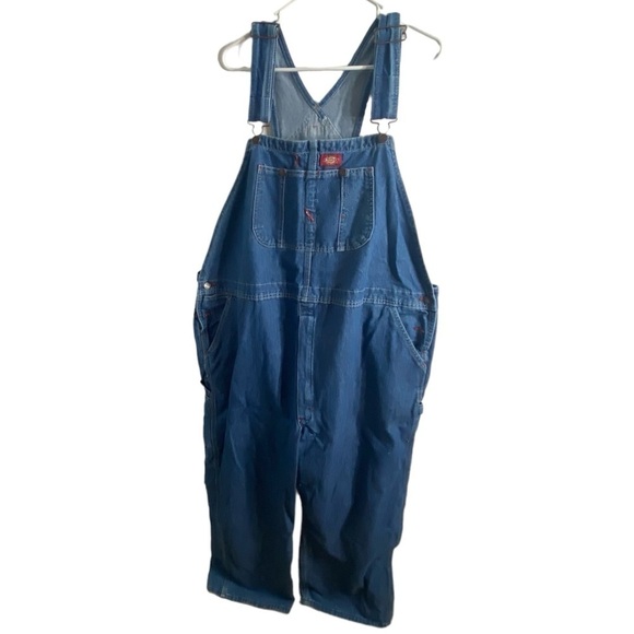 Vintage Dickies Denim Bib Overalls 46x30 90s Carpenter Blue Jean - Picture 1 of 10